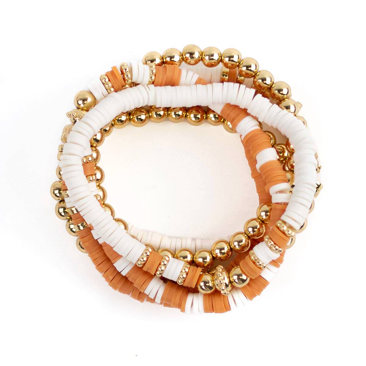Clay Bead Bracelet Stack Orange/White/Gold 7" - Veranda Cafe & Mercantile
