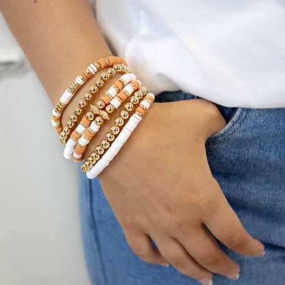 Clay Bead Bracelet Stack Orange/White/Gold 7" - Veranda Cafe & Mercantile