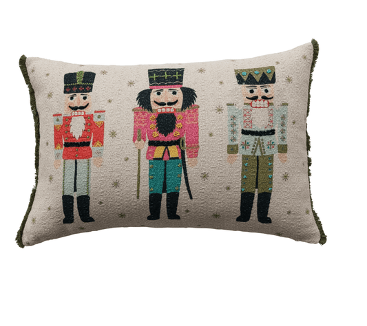 Cotton Slub Printed Lumbar Pillow with Eyelash Fringe — Nutcracker Motif (20" x 14") - Veranda Cafe & Mercantile