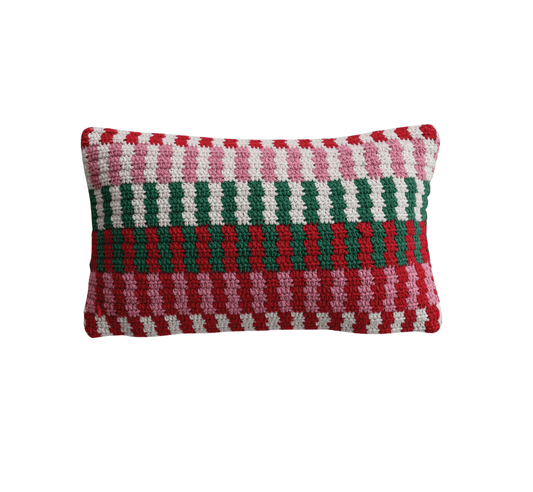 Crocheted Cotton Lumbar Pillow in Holiday Checks - Veranda Mercantile