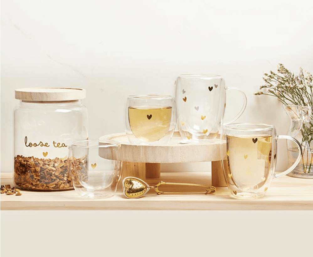 Double - Wall Tea Cup with Handle - Gold Foil Hearts - Veranda Cafe & Mercantile