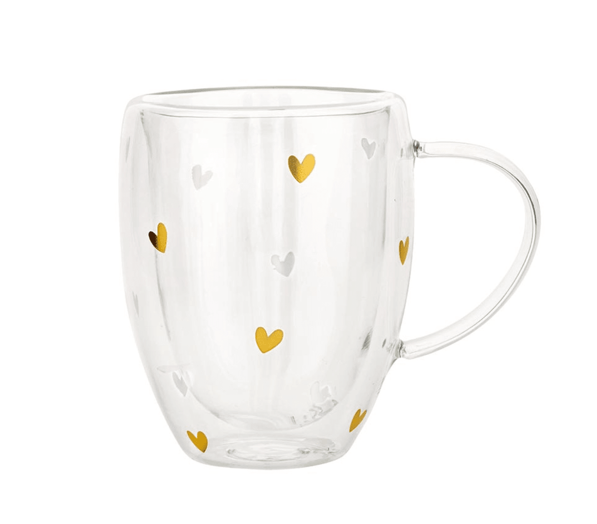 Double - Wall Tea Cup with Handle - Gold Foil Hearts - Veranda Cafe & Mercantile