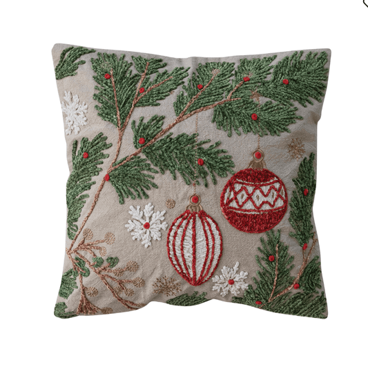 Embroidered Holiday Pillow, 18" Square | Pine Boughs, Ornaments & Snowflakes - Veranda Cafe & Mercantile