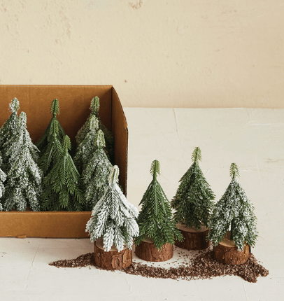 Faux Evergreen Trees with Natural Wood Slice Base - 4.25" H - Veranda Cafe & Mercantile