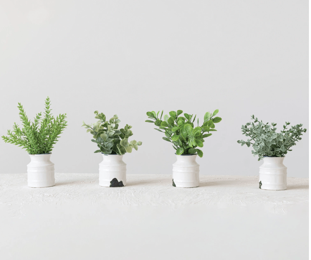 Faux Plant in Distressed White Stoneware Pot - Veranda Cafe & Mercantile
