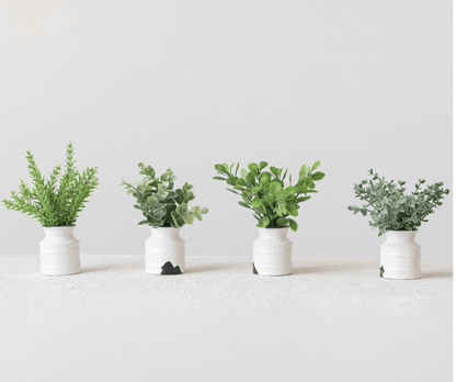 Faux Plant in Distressed White Stoneware Pot - Veranda Cafe & Mercantile