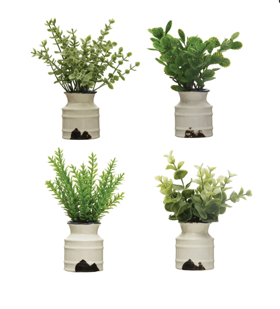 Faux Plant in Distressed White Stoneware Pot - Veranda Cafe & Mercantile