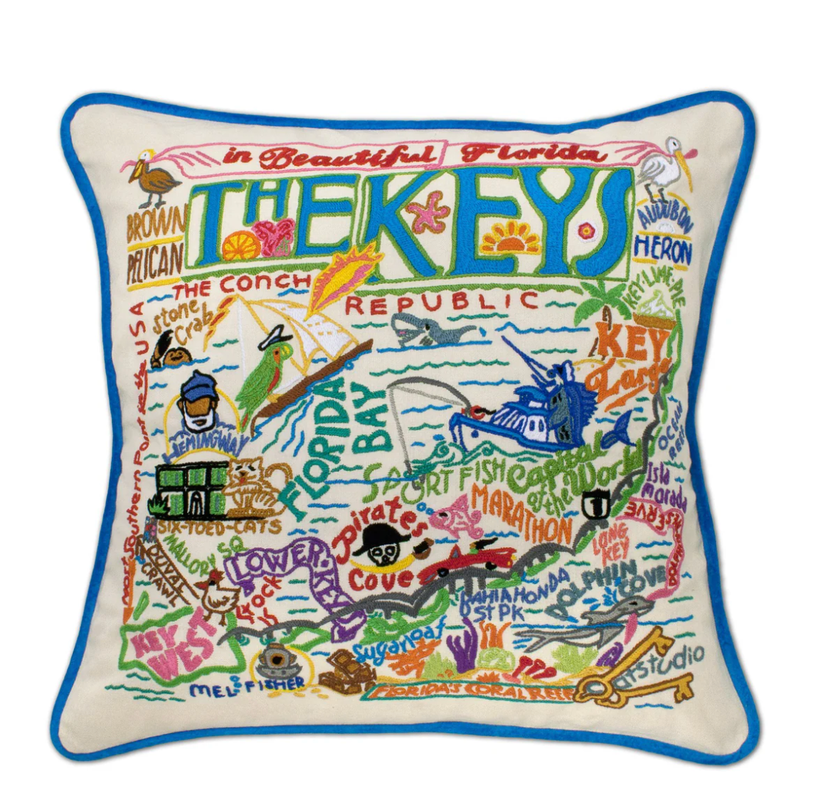 Florida Keys Hand - Embroidered Pillow - Veranda Cafe & Mercantile