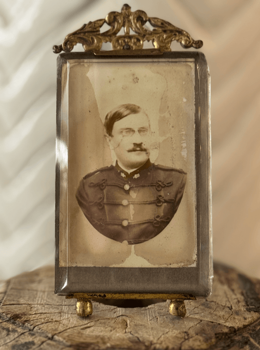French Antique Brass & Beveled Glass Frame with Military Photo - Veranda Cafe & Mercantile