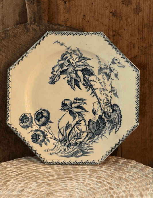 French Antique Octagonal Clairefontaine Indiana Plate with crack - Veranda Cafe & Mercantile