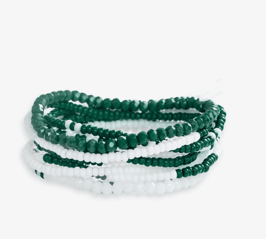 Game Day Color Block Beaded 10 Strand Stretch Bracelet Set Dark Green and White - Veranda Cafe & Mercantile