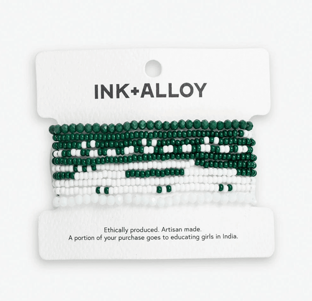 Game Day Color Block Beaded 10 Strand Stretch Bracelet Set Dark Green and White - Veranda Cafe & Mercantile