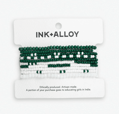 Game Day Color Block Beaded 10 Strand Stretch Bracelet Set Dark Green and White - Veranda Cafe & Mercantile