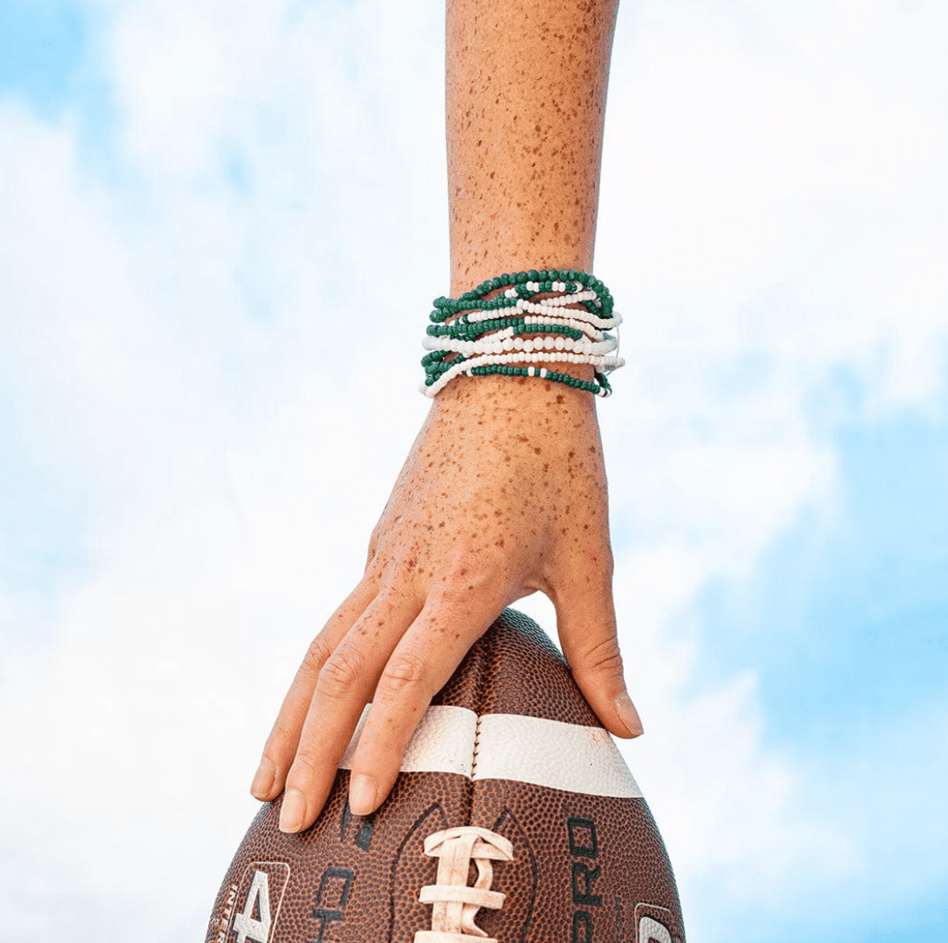 Game Day Color Block Beaded 10 Strand Stretch Bracelet Set Dark Green and White - Veranda Cafe & Mercantile