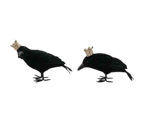 Gold‑Crowned Feathered Crow Figurine — Black & Gold Glitter - Veranda Cafe & Mercantile