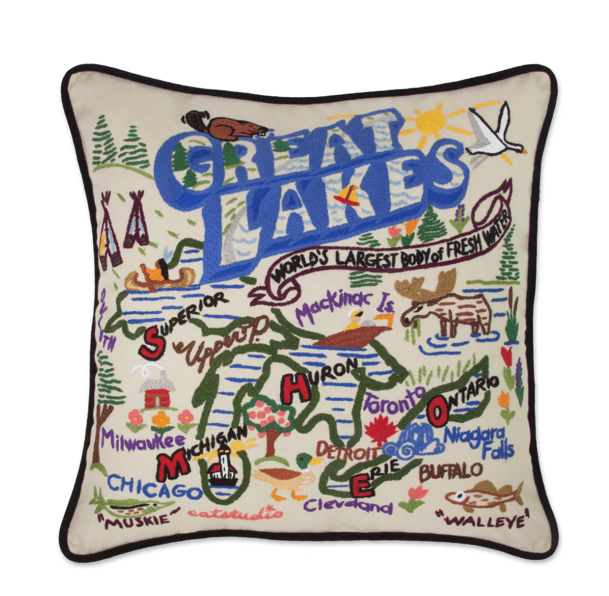Great Lakes Hand - Embroidered Pillow - Veranda Cafe & Mercantile