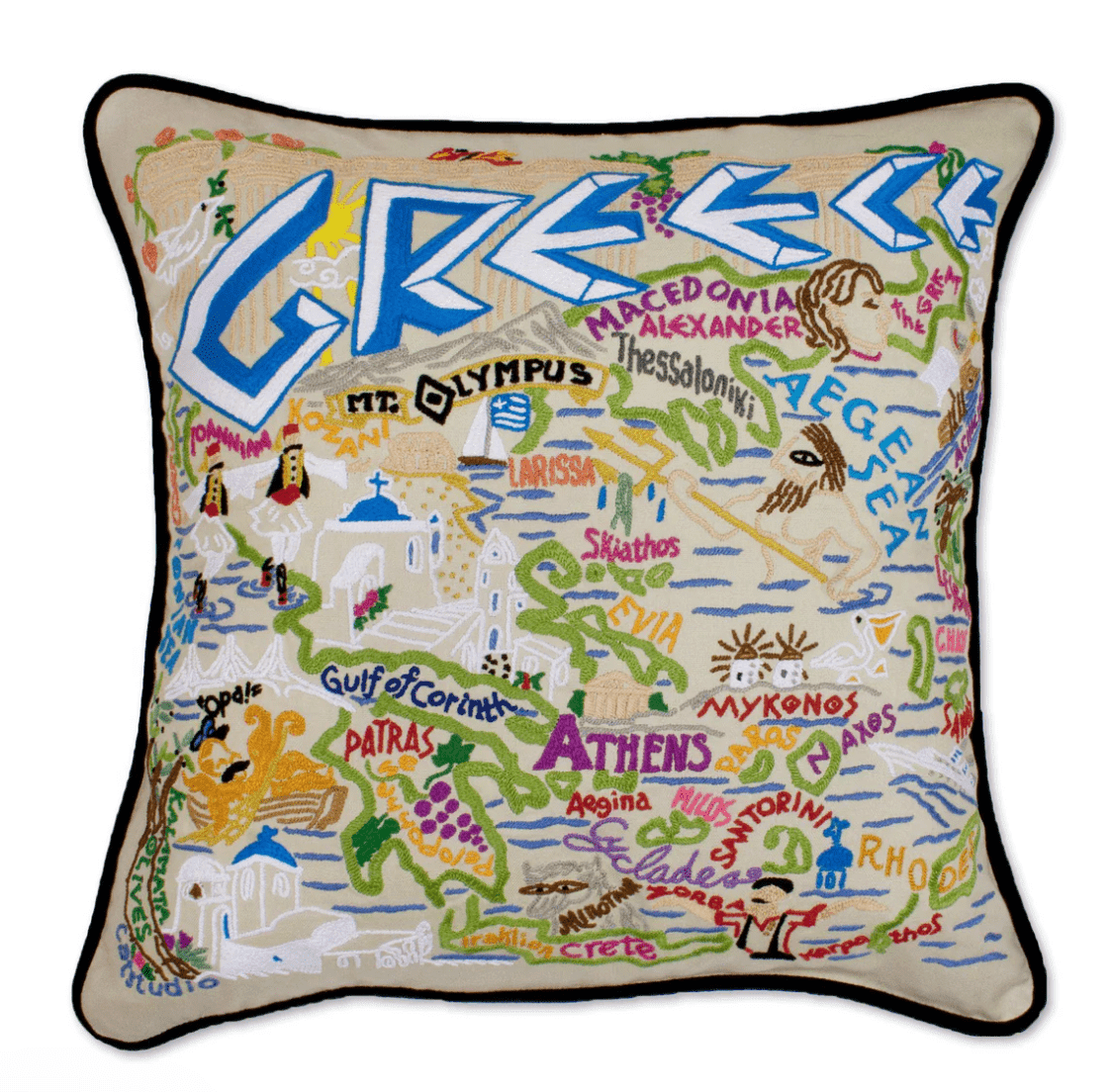 Greece Hand - Embroidered Pillow - Veranda Cafe & Mercantile