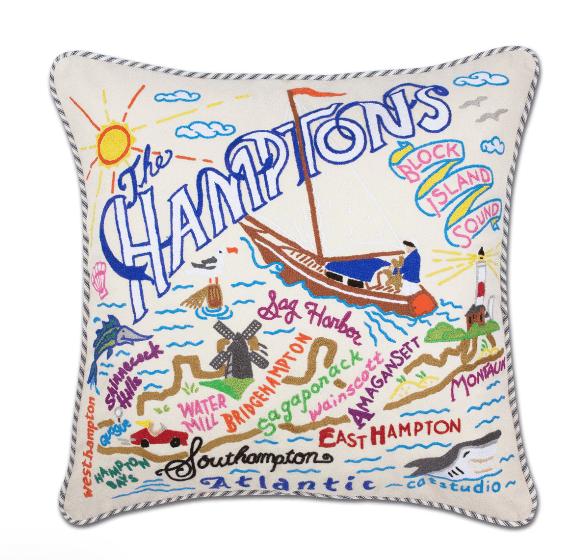 Hamptons Hand - Embroidered Pillow - Veranda Cafe & Mercantile