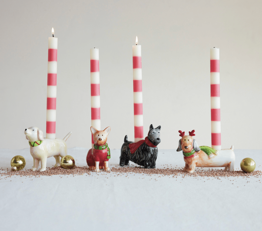 Hand-Painted Stoneware Dog Taper Candle Holder with Scarf - Veranda Mercantile