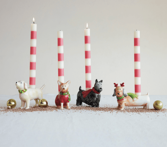 Hand-Painted Stoneware Dog Taper Candle Holder with Scarf - Veranda Mercantile
