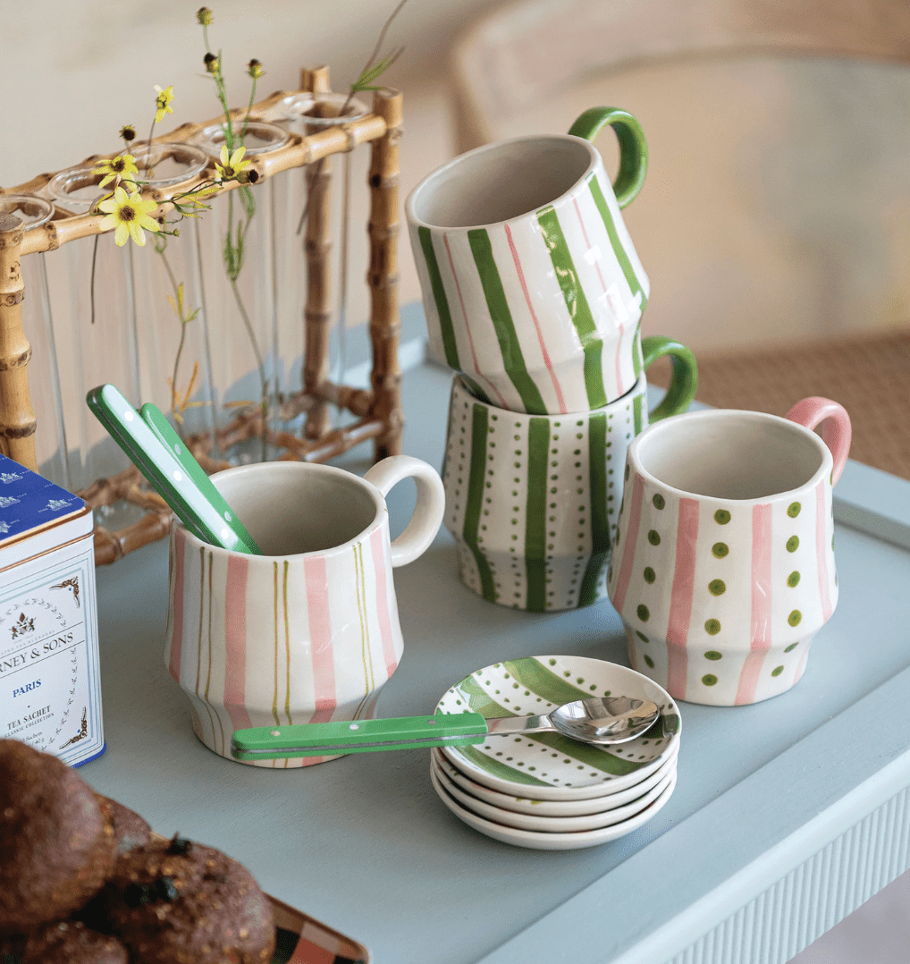 Hand - Painted Stoneware Mug with Striped Pattern - Veranda Cafe & Mercantile
