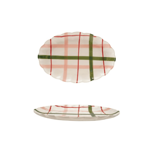 Hand-Painted Stoneware Scalloped Platter with Plaid Pattern - Veranda Cafe & Mercantile