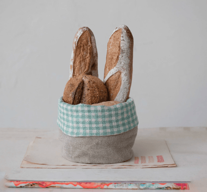 Hand - Woven Linen Bread Basket with Gingham Lining - Veranda Cafe & Mercantile