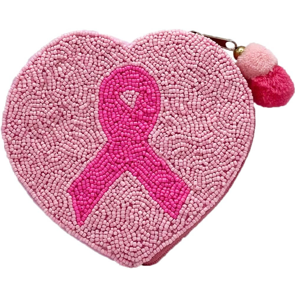 Heart Cancer Ribbon Beaded Pouch - Veranda Cafe & Mercantile