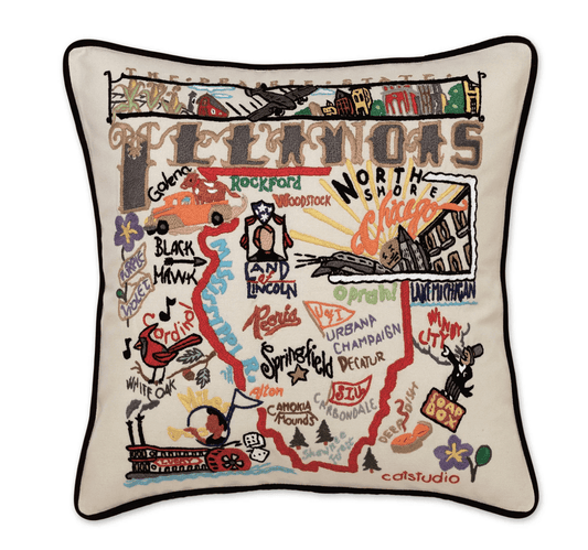 Illinois Hand - Embroidered Pillow - Veranda Cafe & Mercantile