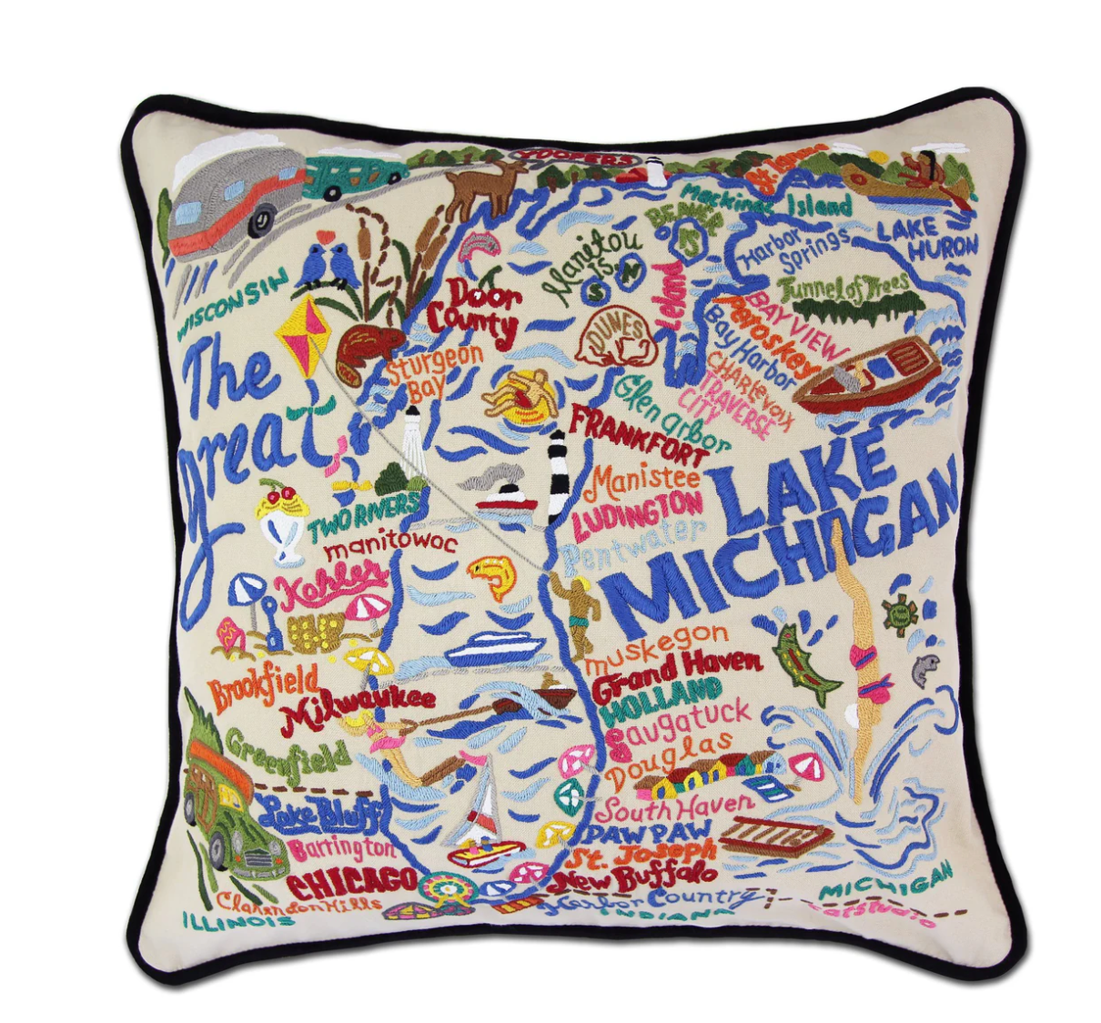 Lake Michigan Hand - Embroidered Pillow - Veranda Cafe & Mercantile