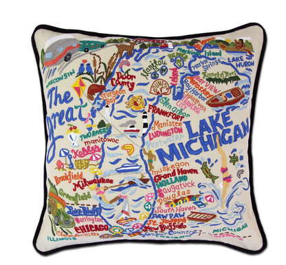 Lake Michigan Hand - Embroidered Pillow - Veranda Cafe & Mercantile