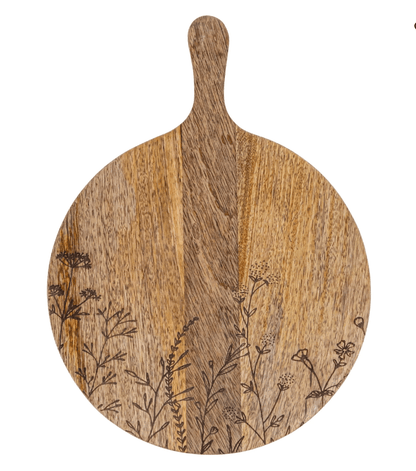 Mango Wood Cheese/Serving Board with Laser Etched Botanicals - Veranda Cafe & Mercantile