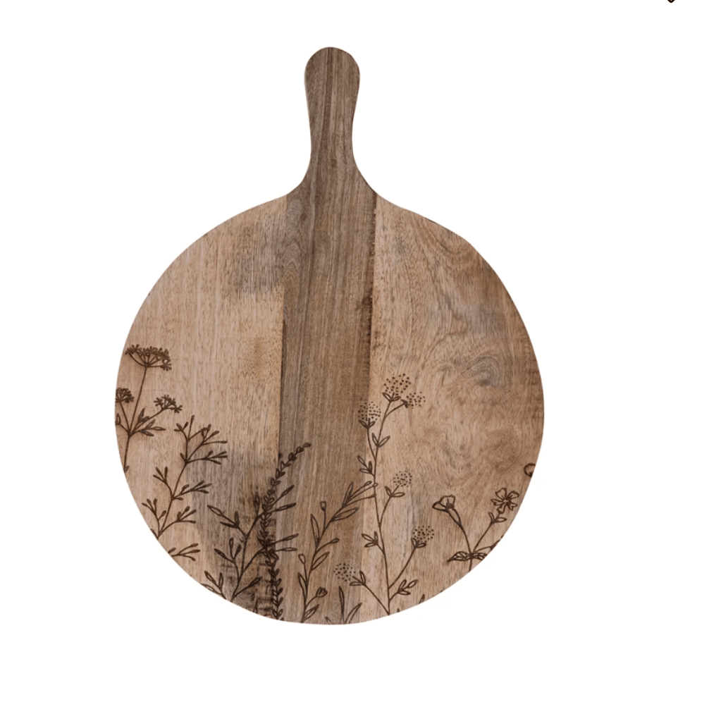 Mango Wood Cheese/Serving Board with Laser Etched Botanicals - Veranda Cafe & Mercantile