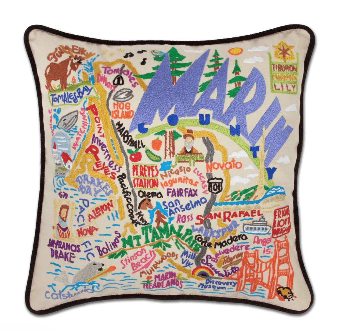 Marin County Hand - Embroidered Pillow - Veranda Cafe & Mercantile