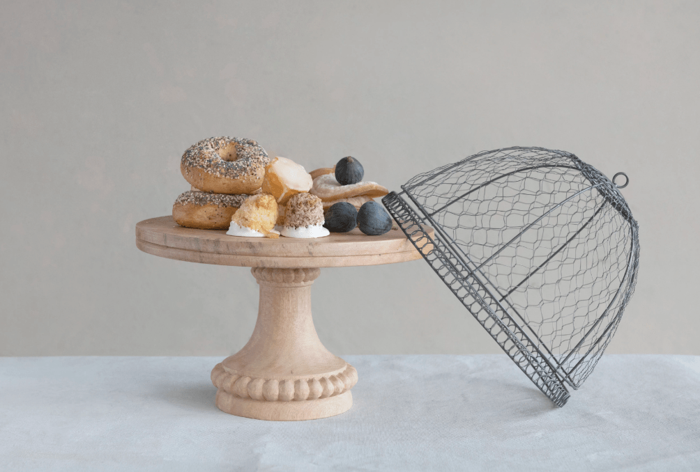 Metal Wire Cloche with Mango Wood Pedestal Base - Veranda Cafe & Mercantile