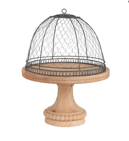 Metal Wire Cloche with Mango Wood Pedestal Base - Veranda Cafe & Mercantile