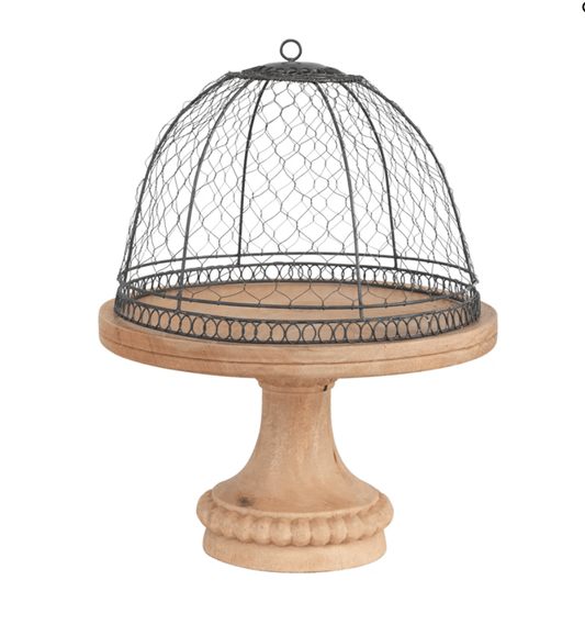 Metal Wire Cloche with Mango Wood Pedestal Base - Veranda Cafe & Mercantile