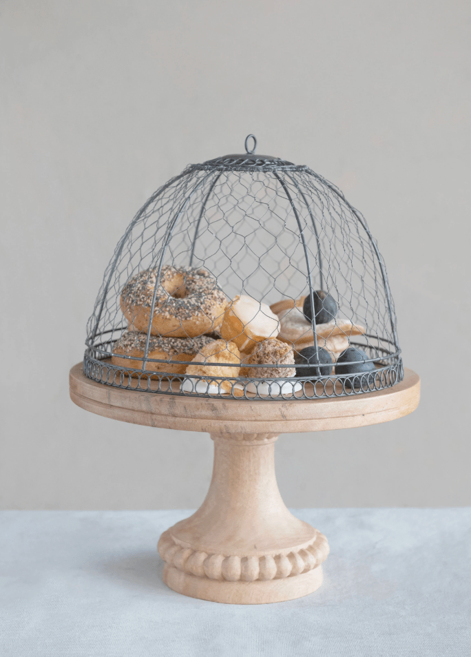Metal Wire Cloche with Mango Wood Pedestal Base - Veranda Cafe & Mercantile