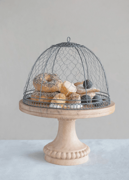 Metal Wire Cloche with Mango Wood Pedestal Base - Veranda Cafe & Mercantile