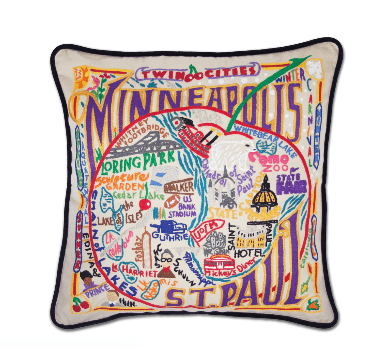 Minneapolis - St. Paul Hand - Embroidered Pillow - Veranda Cafe & Mercantile