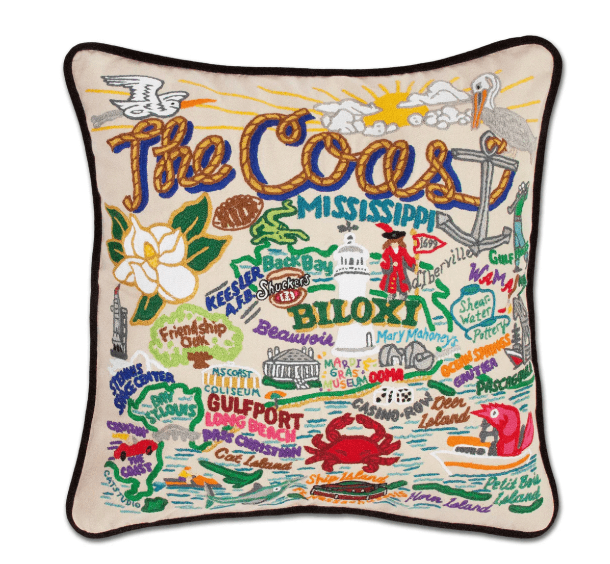 Mississippi Coast Hand - Embroidered Pillow - Veranda Cafe & Mercantile