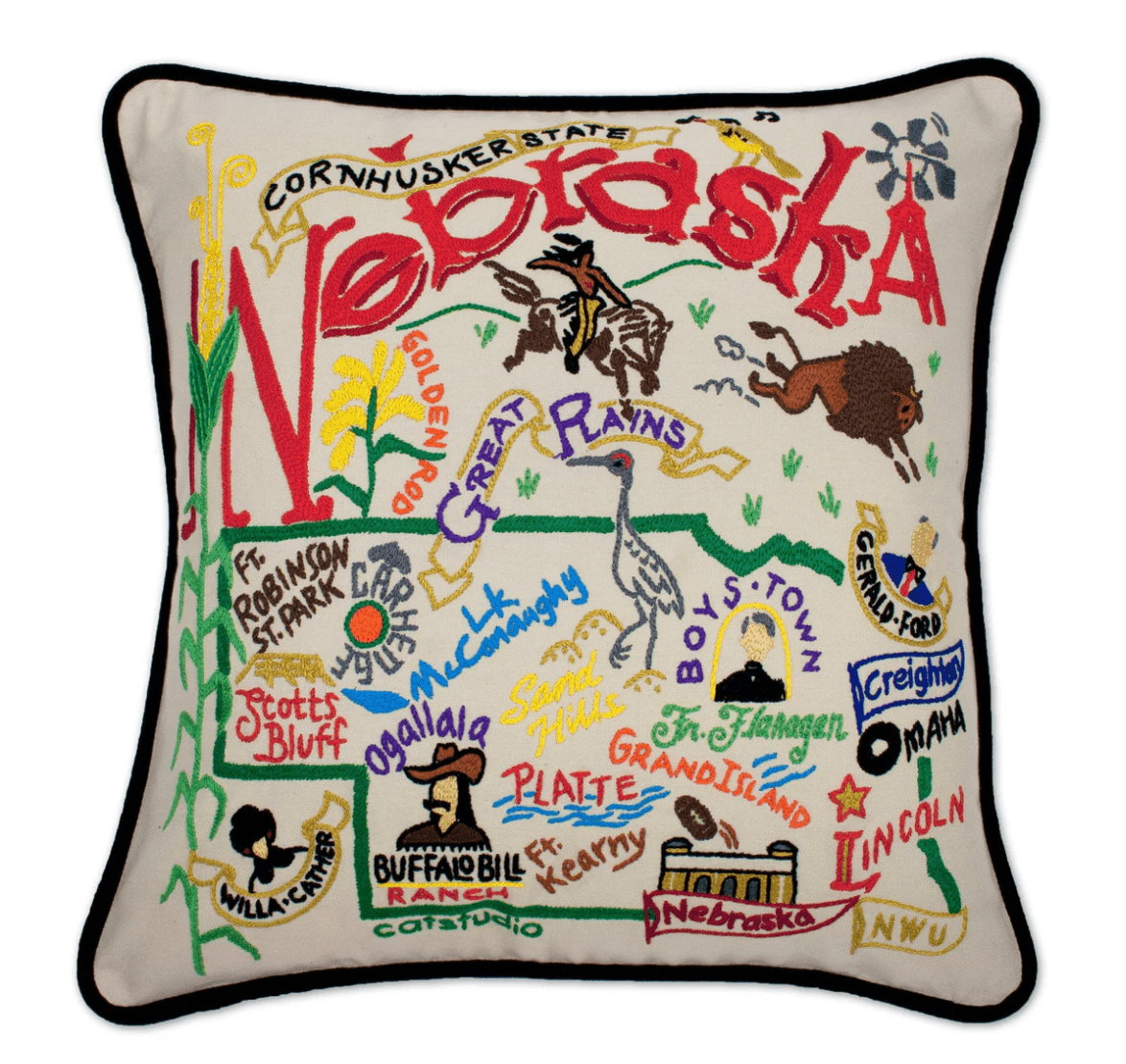 Nebraska Hand - Embroidered Pillow - Veranda Cafe & Mercantile