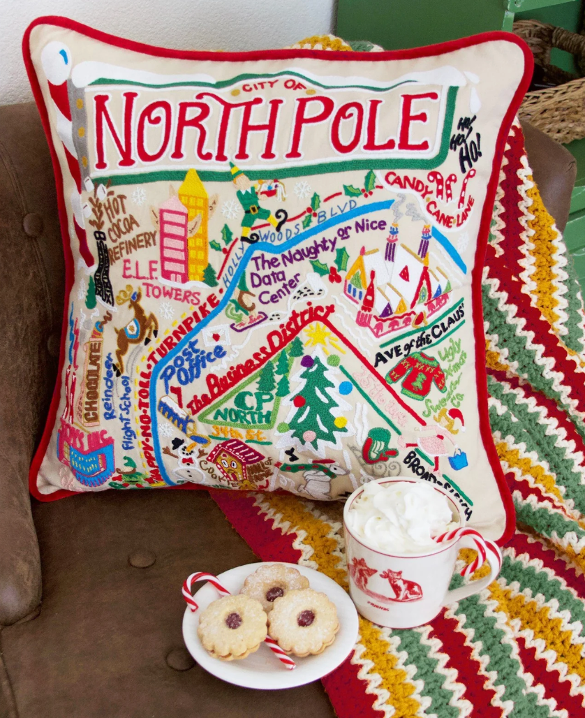 North Pole City Hand - Embroidered Pillow - Veranda Cafe & Mercantile