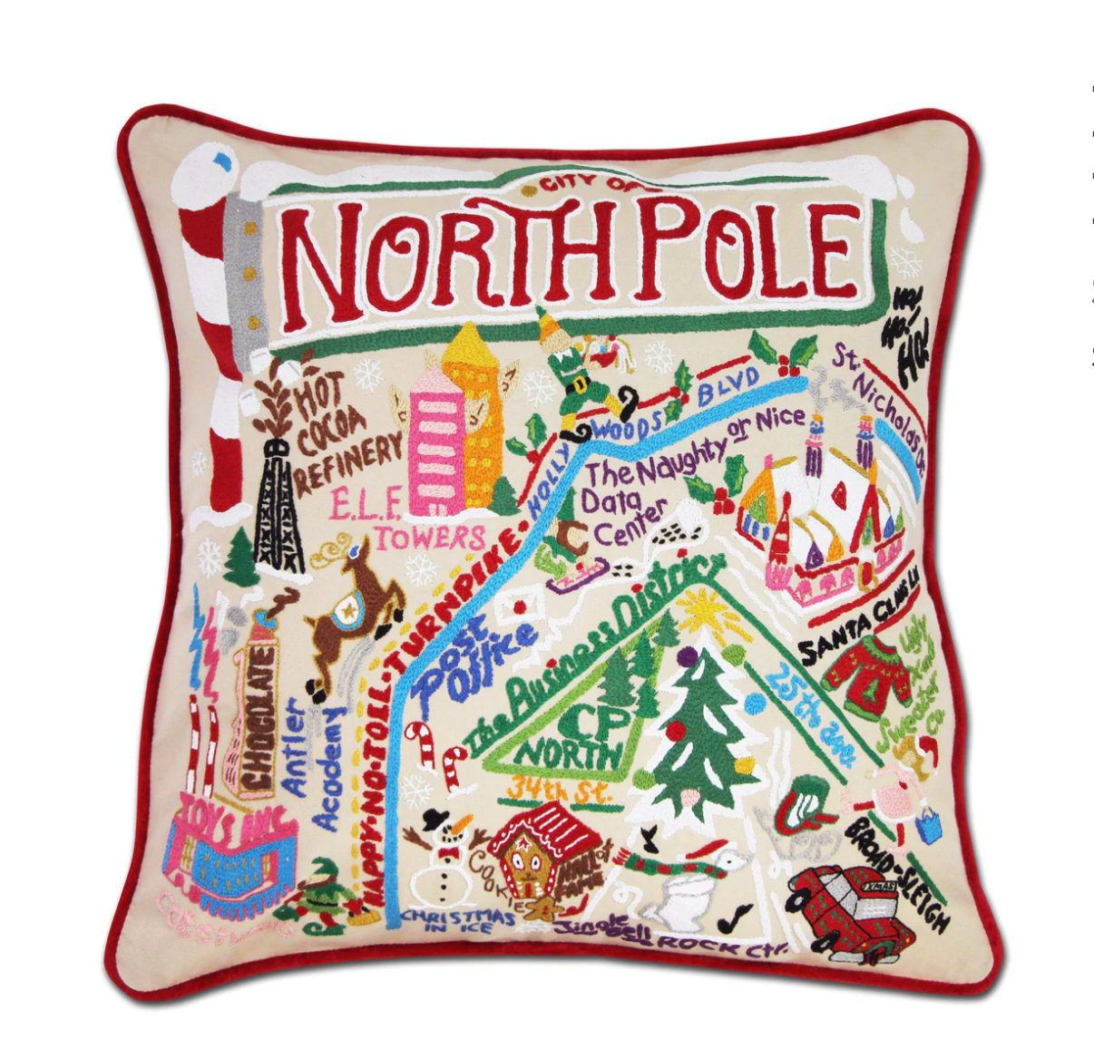 North Pole City Hand - Embroidered Pillow - Veranda Cafe & Mercantile