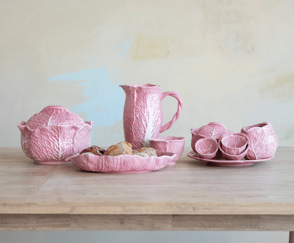 Pink Stoneware Cabbage Shaped Pitcher with Twisted Handle - Veranda Cafe & Mercantile