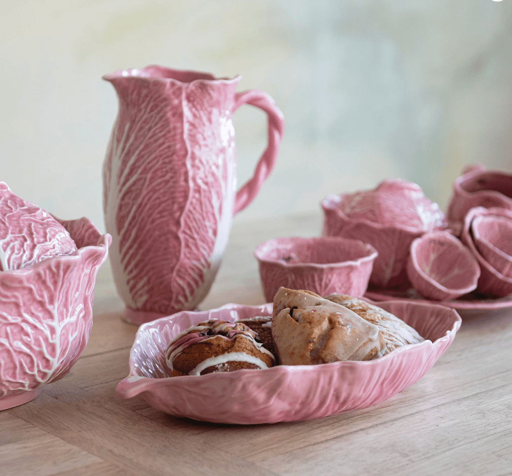 Pink Stoneware Cabbage Shaped Pitcher with Twisted Handle - Veranda Cafe & Mercantile