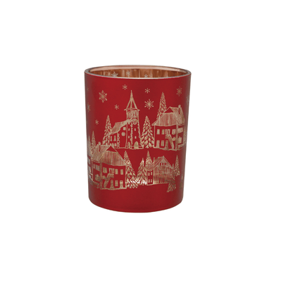 Red Mercury Glass Tealight Holder — Laser‑Etched Woodland Scene, Red & Gold Finish - Veranda Cafe & Mercantile