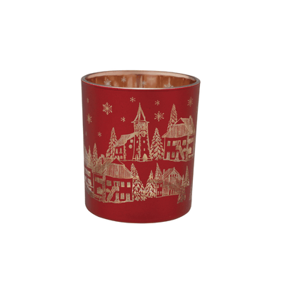 Red Mercury Glass Tealight Holder — Laser‑Etched Woodland Scene, Red & Gold Finish - Veranda Cafe & Mercantile