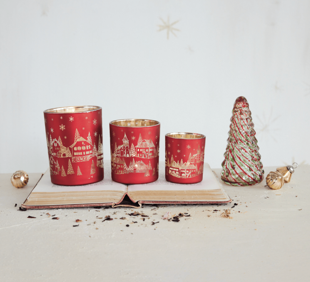 Red Mercury Glass Tealight Holder — Laser‑Etched Woodland Scene, Red & Gold Finish - Veranda Cafe & Mercantile
