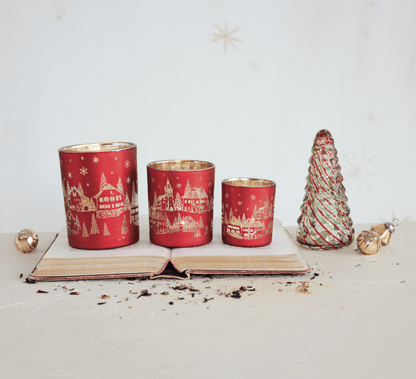 Red Mercury Glass Tealight Holder — Laser‑Etched Woodland Scene, Red & Gold Finish - Veranda Cafe & Mercantile